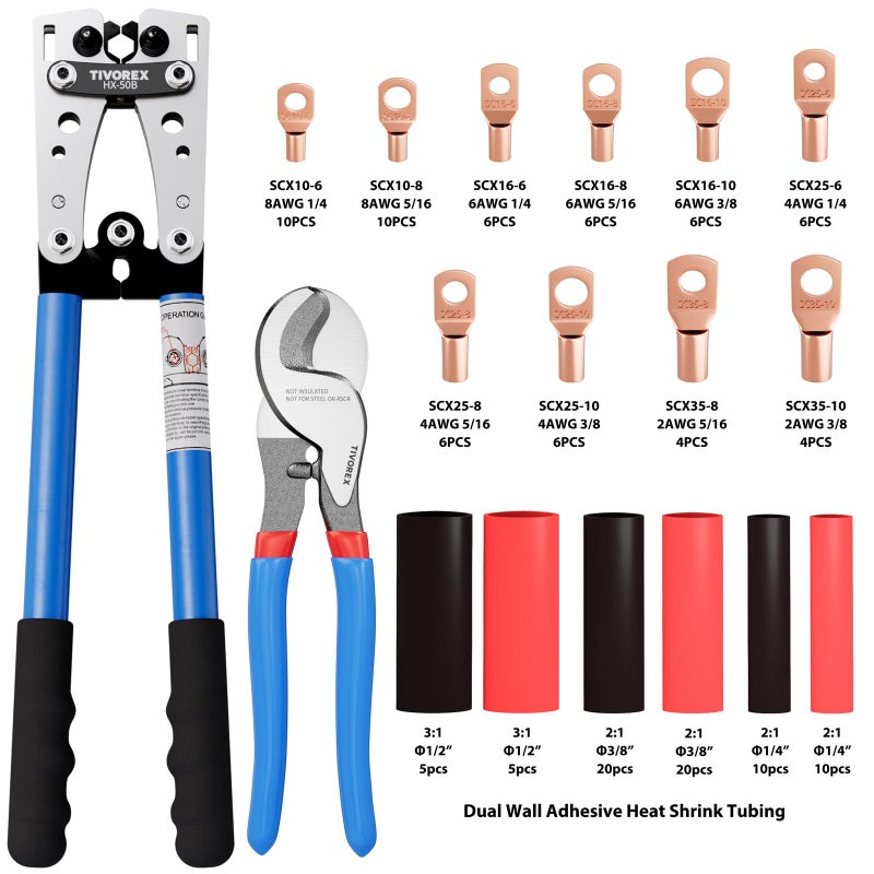 Tivorex Battery Cable Lug Crimping Tool for AWG 8-1/0 Electrical Lug  with Cable Cutter 64pcs Ring Terminals and 70pcs Heat Shrink Tubing - Image 3